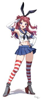 1girl absurdres black_hairband black_neckerchief black_panties blue_sailor_collar blue_skirt blush breasts brown_hair cosplay crop_top eckert&amp;eich elbow_gloves full_body gloves hairband hanami_saki highleg highleg_panties highres idolmaster kantai_collection long_hair looking_at_viewer miniskirt navel neckerchief open_mouth panties pleated_skirt purple_eyes rudder_footwear sailor_collar salute shimakaze_(kancolle) shimakaze_(kancolle)_(cosplay) skirt small_breasts solo standing striped_clothes striped_thighhighs thighhighs thong two_side_up underwear white_gloves