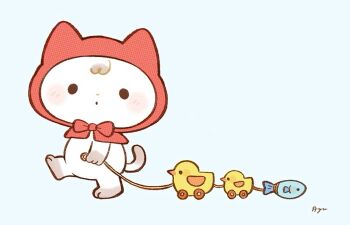 animal animal_focus animal_hood ayu_(mog) bird blush capelet cat cat_hood closed_mouth commentary duck english_commentary fish highres hood hood_up hooded_capelet looking_at_viewer no_humans original red_capelet signature simple_background solid_circle_eyes toy_train white_background