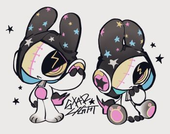 1other amatou_akuma animal_ears animal_feet animal_hands black_eyeshadow black_hood character_name chibikemo colored_sclera eyeshadow frown full_body furry hand_on_headphones headphones highres hood hood_up looking_at_viewer makeup multiple_views original other_focus pink_pupils rabbit_ears rabbit_tail ringed_eyes simple_background sitting standing star_(symbol) star_print stitched_face stitches tail white_background yellow_eyes yellow_sclera zipper_pull_tab