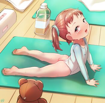 1girl ass bare_legs barefoot blue_leotard blush born-to-die brown_hair covered_erect_nipples eyelashes feet female_focus flat_chest from_side full_body gluteal_fold highres leotard loli looking_at_viewer open_mouth original pink_eyes short_hair side_ponytail smile soles solo stretching stuffed_animal stuffed_toy sweat teddy_bear teeth thighs toes wedgie wooden_floor yoga