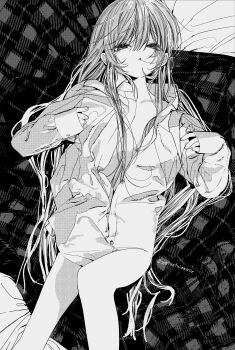 1girl absurdres flat_chest greyscale highres honjou_ruri honnryou_hanaru long_hair looking_at_viewer lying monochrome naked_shirt on_back original parted_lips shirt solo very_long_hair
