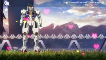 1girl animal animated audible_music audible_speech blue_eyes blue_sky cloud confetti dancing dark-skinned_female dark_skin day dusk english_text giant_robot glowing glowing_eyes goat grass green_eyes gundam gundam_aerial gundam_suisei_no_majo headband heart_(symbol) highres japanese_audio mecha mobile_suit monorail mountain music musical_note night red_hair robot school_uniform short_hair shorts singing sky sound star_(sky) star_(symbol) starry_sky suletta_mercury sunrise_(company) tan train video