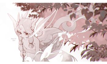 1girl artist_name collarbone commentary completely_nude english_commentary furry furry_female highres holding holding_smoking_pipe horns long_hair monochrome nude original pita-potato smoking smoking_pipe solo tail tree wings