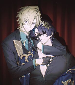 Rule 34 | 2boys, absurdres, arm around neck, aventurine (honkai: star rail), black gloves, black jacket, black shirt, blindfold, blindfold pull, blonde hair, blue jacket, blue shirt, collared shirt, curtains, dr. ratio (honkai: star rail), gloves, hair between eyes, hand on another's chest, hashtag-only commentary, highres, honkai: star rail, honkai (series), jacket, laurel crown, layered sleeves, looking at viewer, male focus, multiple boys, necktie, open clothes, open jacket, parted hair, parted lips, partially open shirt, shirt, suit jacket, turine chu, upper body, wing collar