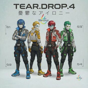 Rule 34 | 4boys, annoyed, applet (beat runners), beat runners, belt, black bodysuit, black pants, blonde hair, blonde streaks, blue bodysuit, blue eyes, blue gloves, blue hair, blue jacket, blue shoes, blue streaks, bodysuit, commentary request, crossed arms, full body, gloves, green bodysuit, green eyes, green gloves, green hair, green jacket, green shoes, group name, hand in pocket, highres, hugh (beat runners), humanoid robot, jacket, looking ahead, looking at viewer, male focus, multicolored hair, multiple boys, no mouth, official art, pants, pocket, red bodysuit, red gloves, red hair, red jacket, red shoes, ristics (beat runners), robot, shoes, spinrock (beat runners), standing, streaked hair, tokusatsu, translation request, white background, white jacket, yellow bodysuit, yellow eyes, yellow gloves, yellow jacket, yellow shoes