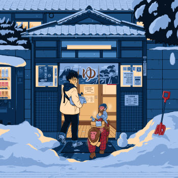 1boy animal black_hair black_pants bowl bucket building clothed_animal drinking footprints glasses headphones highres jacket japanese_macaque looking_at_animal mizukawa_masaya monkey onsen_symbol original outdoors pants rubber_duck scarf scenery shampoo_bottle shoes shovel sign snow snow_shovel snowing snowman tree vending_machine walking wash_cloth winter yellow_scarf