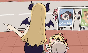 6+girls ad ahoge binoculars black_hairband black_horns black_wings blonde_hair brick_road demon_girl demon_horns demon_wings eye_mask fortissimo grey_hat hair_ornament hairband hat holding holding_binoculars holding_tissue hololive hololive_dev_is horns houshou_marine mask multiple_girls musical_note musical_note_hair_ornament one_side_up oozora_subaru oozora_subaru_(suspenders) otonose_kanade otonose_kanade_(1st_costume) pointing pointing_to_the_side pokobee red_ribbon ribbon road sakamata_chloe sakana_(saka11205) shirogane_noel sweatdrop takane_lui tanuki todoroki_hajime twintails two_side_up virtual_youtuber wings yuzuki_choco