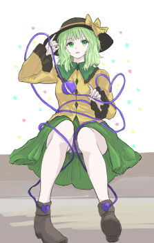Rule 34 | 1girl, black hat, bloomers, boots, bow, brown boots, buttons, commentary, contrast collar, diamond button, frilled shirt collar, frilled sleeves, frills, green eyes, green hair, green skirt, hat, hat bow, heart, heart of string, highres, kashiwada kiiho, komeiji koishi, long sleeves, looking to the side, medium hair, open mouth, shirt, sitting, skirt, solo, third eye, touhou, underwear, white bloomers, yellow bow, yellow shirt