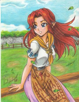 1girl blue_eyes collarbone colored_pencil_(medium) dated fence grass highres leaf long_hair long_skirt malon neckerchief nintendo outdoors parted_lips pointy_ears purple_skirt ravernclouk_design red_hair shirt signature skirt solo the_legend_of_zelda the_legend_of_zelda:_ocarina_of_time traditional_media white_shirt wind yellow_neckerchief