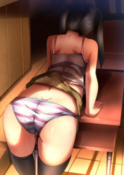 1girl ass black_hair black_thighhighs butt_crack camisole clothes_lift commentary_request from_behind highres hot long_hair magukappu original panties pussy_juice pussy_juice_trail shadow skirt skirt_lift solo striped_clothes striped_panties sunlight sweat tan thighhighs twintails underwear wet wet_clothes wet_panties