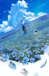Rule 34 | 1boy, absurdres, arm up, black pants, blue flower, blue sky, cloud, cloudy sky, commentary, cumulonimbus cloud, day, facing away, field, flower, flower field, forget-me-not (flower), from behind, highres, horizon, lluluchwan, male focus, original, outdoors, pants, purple hair, scenery, shirt, sky, standing, symbol-only commentary, white shirt, wide shot