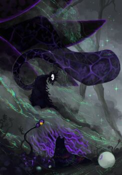 Rule 34 | 1other, commentary, creature, english commentary, flower head, fog, genrihvolf, grey background, highres, monster, no humans, outdoors, pearl (rain world), rain world, rot (rain world), slugcat, sparkle, spoilers, the prince (rain world), watcher (rain world)