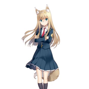 Rule 34 | 1girl, animal ears, aqua eyes, black socks, blazer, blonde hair, breasts, collar, crossed arms, fox ears, fox girl, fox tail, glasses, green jacket, green skirt, jacket, kneehighs, lilian fox, long hair, medium breasts, necktie, red necktie, rie (reverie), school uniform, shirt, skirt, socks, tail, uchi no hime-sama ga ichiban kawaii, white collar, white shirt