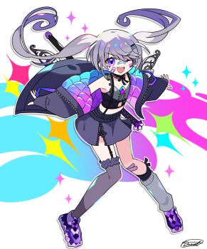 1girl absurdres armpits bandaid bandaid_on_face bandaid_on_knee bandaid_on_leg bandaid_on_nose colorful_background commentary detached_collar detached_wings english_commentary fairy_wings flat_chest full_body highres hololive hololive_english jacket knees_together_feet_apart koseki_bijou koseki_bijou_(casual) long_hair neck_ribbon open_clothes open_jacket outstretched_arms purple_eyes purple_hair ribbon scabbard sheath sico_de_seraph signature single_thighhigh skirt solo sparkle sword thighhighs twintails virtual_youtuber weapon wings zipper_skirt