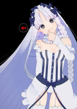 1girl absurdres bare_shoulders black_bow black_eyes blush bow braid breasts cleavage collar colored_inner_hair commentary_request detached_sleeves dress fate/strange_fake fate_(series) francesca_prelati_(fate) frilled_collar frills garter_straps grey_hair hair_bow heart highres long_hair looking_at_viewer medium_breasts multicolored_hair open_mouth panties parted_bangs ringed_eyes shichimi_(shichimi_8) sidelocks smile solo striped_clothes striped_dress thighhighs thighs underwear very_long_hair white_dress white_hair white_panties white_thighhighs