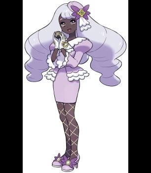 1girl :d artist_request ascot dark-skinned_female dark_skin dress fascinator fishnet_pantyhose fishnets frilled_ascot frills glove_bow hands_up high_heels highres holding holding_poke_ball jacinthe_(pokemon) juliet_sleeves long_sleeves looking_at_viewer low_drills luxury_ball mega_stone nintendo official_art open_mouth pantyhose poke_ball pokemon pokemon_legends:_z-a puffy_sleeves purple_dress purple_hair smile solo third-party_source transparent_background yellow_eyes