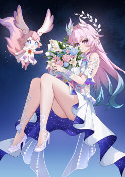 1girl absurdres armlet bare_shoulders blue_flower blue_hair blue_rose bouquet commentary cyrene_(honkai:_star_rail) cyrene_(ripples_of_past_reverie)_(honkai:_star_rail) diamond-shaped_pupils diamond_(shape) dress flower hair_flower hair_ornament high_heels highres holding holding_bouquet honkai:_star_rail honkai_(series) jewelry kurosti long_hair looking_at_viewer mem_(honkai:_star_rail) parted_lips pink_hair pointy_ears purple_eyes rose sidelocks smile symbol-shaped_pupils thighs white_dress