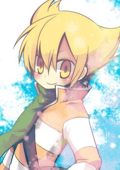 1boy barry_(pokemon) blonde_hair blush green_scarf hair_between_eyes high_collar looking_at_viewer male_focus nintendo pokemon pokemon_dppt scarf shirt smile solo striped_clothes striped_shirt translation_request upper_body yellow_eyes yuzuki_gao