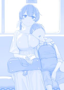 1boy 1girl backpack bag blue_theme braid breast_pillow breasts collarbone commentary_request dress drooling faceless faceless_male getsuyoubi_no_tawawa highres himura_kiseki holding_hands large_breasts looking_at_viewer pants pants_rolled_up short_hair shota sleeping smile tonari-chan_(tawawa) translation_request