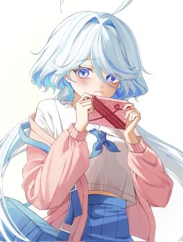 Rule 34 | 1girl, ahoge, bag, blue bag, blue eyes, blue gem, blue hair, blue neckerchief, blue pupils, blue skirt, blush, blver, cardigan, closed mouth, commentary, corrupted twitter file, drop-shaped pupils, furina (genshin impact), gem, genshin impact, gift, hair between eyes, heterochromia, highres, holding, holding gift, huge ahoge, long hair, long sleeves, looking at viewer, midriff peek, multicolored hair, neckerchief, open cardigan, open clothes, pink cardigan, pleated skirt, school uniform, serafuku, shirt, skirt, solo, streaked hair, symbol-shaped pupils, very long hair, white background, white hair, white shirt