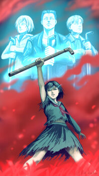 2boys 2girls absurdres arm_up ascot bindonkan eye_trail glowing glowing_eyes harry_mason heather_mason highres holding holding_weapon in-franchise_crossover james_sunderland lead_pipe light_trail multiple_boys multiple_girls red_ascot sailor_collar shimizu_hinako silent_hill_(series) silent_hill_1 silent_hill_2 silent_hill_3 silent_hill_f torn_clothes torn_sleeve weapon