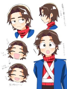 ! 1boy :d :o ^_^ animification black_pants blue_coat blush brown_hair closed_eyes coat commentary_request eddsworld grey_eyes highres jitome long_sleeves male_focus multiple_views open_clothes open_coat open_mouth pants parted_bangs patryck_(eddsworld) plain_epaulettes profile red_sweater roshii_(ionlw0gynh24926) short_hair simple_background smile solo_focus sweater translation_request turtleneck turtleneck_sweater white_background