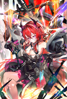 Rule 34 | 1girl, arknights, arknights: endfield, bare shoulders, black dress, black gloves, breasts, cleavage, commentary request, crossed legs, detached sleeves, dress, gloves, hair between eyes, harry80779192, highres, holding, holding sword, holding weapon, laevatain (arknights), long sidelocks, looking at viewer, purple eyes, red hair, short hair, sidelocks, sleeveless, sleeveless dress, slit pupils, solo, surtr (arknights), sword, weapon