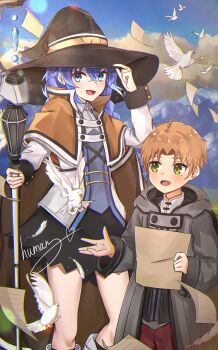 Rule 34 | 1boy, 1girl, absurdres, ahoge, bird, blue eyes, blue hair, brown capelet, brown hair, capelet, cloak, cloud, commentary request, feathers, green eyes, hat, highres, holding, holding staff, humany, mage staff, mole, mole under eye, mushoku tensei, open hand, open mouth, outdoors, pages, pigeon, roxy migurdia, rudeus greyrat, sky, staff, witch hat