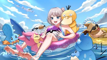 1girl absurdres azumarill ball barefoot beachball bird blue_eyes blue_sky cloud cloudy_sky commentary crossover day eevee english_commentary facing_viewer feet floating flying from_side full_body gen_1_pokemon gen_2_pokemon gen_3_pokemon gen_5_pokemon grey_hair gyarados highres innertube looking_at_object marill marimari_(vtuber) mudkip nintendo ocean on_innertube oshawott phase_connect poke_ball pokemon pokemon_(creature) psyduck side_ponytail skitty sky soles sunlight swim_ring swimsuit veynauna virtual_youtuber wingull