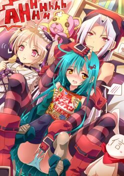 3girls annerose_redrum aqua_hair artist_self-insert bad_id bad_pixiv_id black_legwear blush borrowed_character brown_hair character_request chips_(food) chloe_fleurage eating elbow_gloves fictional_persona fingerless_gloves food gloves green_panties hand_on_another's_head hat hood hoodie kipapa_broken-bear long_hair mochimako_(mushikera_hoi2) multiple_girls open_mouth original panties pink_eyes planol_note red_eyes shiny_skin short_hair silver_hair sitting size_difference smile striped_clothes striped_legwear striped_thighhighs stuffed_animal stuffed_toy tears teddy_bear thighhighs underwear yuri