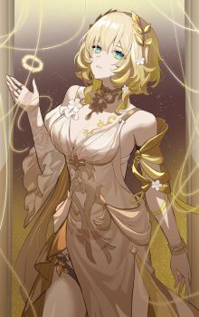 1girl aglaea_(honkai:_star_rail) blonde_hair bracelet breasts cleavage commentary_request dress green_eyes honkai:_star_rail honkai_(series) jewelry kiki-yu laurel_crown looking_at_viewer solo standing thighs white_dress