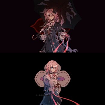 2girls black_background buttons camera chinese_commentary dress evernight_(honkai:_star_rail) flower gloves hair_flower hair_ornament highres holding holding_umbrella honkai:_star_rail honkai_(series) layered_dress long_hair march_7th_(honkai:_star_rail) march_7th_(preservation)_(honkai:_star_rail) multicolored_eyes multiple_girls off_shoulder pink_hair red_eyes shirt skirt thread two-tone_eyes umbrella yikuaiweihuabing_wafer