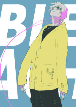 1boy 2024 black_pants bleach cargo_pants casual chain chain_necklace commentary_request copyright_name cowboy_shot earphones espada frown green_nails highres jacket jewelry kubo_tite limited_palette looking_up male_focus necklace official_art official_artist_extra pants solo thick_eyebrows ulquiorra_cifer yellow_jacket
