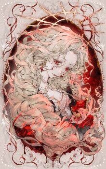 1girl absurdres anyloool bead_necklace beads blonde_hair blood bloody_tears closed_mouth colored_eyelashes commission crescent earrings eyelashes fingernails food fruit gem halo halo_behind_head highres holding holding_food holding_fruit jewelry lips long_hair looking_at_object mihuashi_commission nail_polish necklace original pale_skin parted_bangs pearl_(gemstone) pearl_necklace pomegranate red_eyes red_lips red_nails solo tears watermark wavy_hair yellow_halo