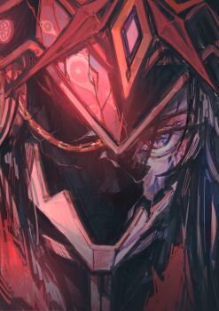 1boy black_hair blue_eyes capitano_(genshin_impact) close-up commentary cracked_helmet english_commentary genshin_impact helmet highres long_hair looking_at_viewer male_focus one_eye_covered portrait solo toona79826316