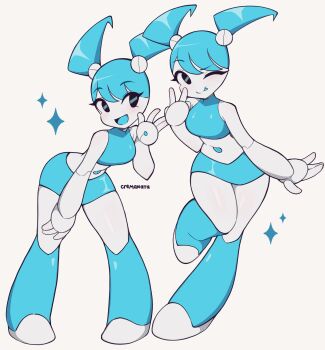 1girl absurdres artist_name blue_hair blue_skirt blue_theme cremanata highres jenny_wakeman looking_at_viewer miniskirt multiple_views my_life_as_a_teenage_robot one_eye_closed open_mouth robot_girl simple_background skirt tongue tongue_out waving white_background