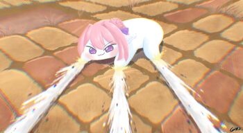 1girl :3 absurdres akira_slide blush chromatic_aberration commentary creature doro_(nikke) dorothy_(nikke) english_commentary girilocoboy goddess_of_victory:_nikke hair_bun hair_intakes highres looking_at_viewer outdoors pink_hair purple_eyes solo stellar_blade