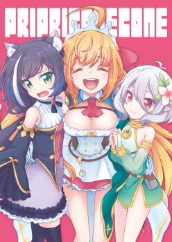 Rule 34 | 3girls, :d, ahoge, animal ears, antenna hair, armpit crease, bare shoulders, black hair, blue shrug, breasts, cat ears, cat girl, cat tail, cleavage, commentary request, dress, fang, flower, frilled skirt, frills, gourmet guild (princess connect!), green dress, green eyes, hair flower, hair ornament, karyl (princess connect!), kokkoro (princess connect!), large breasts, long hair, miniskirt, mizuki maya, multiple girls, open mouth, orange hair, pecorine (princess connect!), pink background, pink flower, pink skirt, pleated skirt, princess connect!, shirt, short hair, shrug (clothing), simple background, skirt, sleeveless, sleeveless dress, small breasts, smile, tail, tiara, very long hair, white hair, white shirt, white streaks