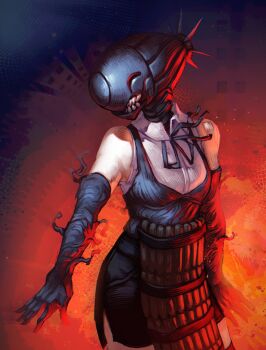 1girl apron black_apron black_gloves black_ribbon bomb_devil_(chainsaw_man) breasts chainsaw_man collared_shirt dynamite elbow_gloves explosion explosion_background explosive gloves highres mememellowa neck_ribbon object_head red_background ribbon shirt sleeveless sleeveless_shirt solo