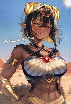Rule 34 | 1girl, abs, absurdres, armlet, artist name, black hair, black nails, blonde hair, breasts, by mirin, dark-skinned female, dark skin, desert, dragon girl, dragon tail, english text, eyeshadow, hair between eyes, hand on own hip, highres, horns, jewelry, large breasts, looking at viewer, makeup, multicolored hair, muscular, navel, original, outdoors, pointy ears, sand, scales, short hair, sky, smile, solo, sun, tail, toned, yellow eyes, yellow eyeshadow