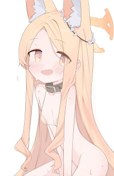 1girl absurdres animal_ears bare_shoulders bikini bikini_top_only blonde_hair blue_archive blush choker collarbone commentary_request extra_ears fang flat_chest fox_ears gradient_eyes groin gu_meng_yin halo highres long_hair looking_at_viewer multicolored_eyes open_mouth parted_bangs seia_(blue_archive) skin_fang solo swimsuit thighs very_long_hair white_bikini yellow_background yellow_halo