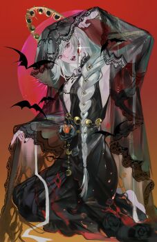 1girl absurdres armpits bandaged_arm bandages barefoot bat_(animal) black_dress black_nails black_vest breasts commentary_request dress earrings glint gradient_background grey_hair highres jewelry kneeling lace-trimmed_veil lace_trim long_braid long_hair nail_polish no_bra official_alternate_costume open_mouth plunging_neckline red_eyes reverse:1999 saigao_jiang see-through_clothes see-through_veil semmelweis_(reverse:1999) semmelweis_(the_wax_and_wane_of_the_heart)_(reverse:1999) simple_background small_breasts solo veil very_long_hair vest