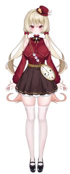 1girl absurdres bare_shoulders belt black_shoes blonde_hair blush bow breasts brown_skirt buckle buttons clock_bag closed_mouth commentary_request commission double-parted_bangs facing_viewer flower full_body hair_between_eyes hair_bow hat hat_flower heart heart-shaped_buckle highres indie_virtual_youtuber jacket korean_commentary large_breasts long_hair long_sleeves looking_at_viewer mini_hat mixed-language_commentary off-shoulder_jacket off_shoulder red_bow red_eyes red_hat red_jacket red_shirt shirt shoes sideboob simple_background skirt sleeveless sleeveless_shirt solo suisen_(suisenhwa) thighhighs thighs twintails virtual_youtuber white_background white_thighhighs yellow_belt yellow_flower zettai_ryouiki