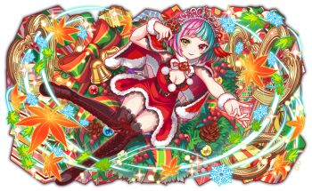 Rule 34 | aqua hair, artist request, bare arms, bell, belt, belt buckle, blunt bangs, blunt ends, blush, bob cut, boots, box, breasts, brown belt, brown boots, buckle, capelet, christmas, christmas ornaments, christmas wreath, cleavage, crash fever, dress, flower ornament, full body, game cg, gift, gift box, gold buckle, green eyes, grid print, heart ornament, heterochromia, jeong dojeon, lace, lace-trimmed capelet, lace-trimmed dress, lace-up boots, lace trim, leaf, light particles, looking at viewer, maple leaf, mistletoe, multicolored hair, multicolored ribbon, official art, outline, outstretched arm, outstretched hand, pinecone, pink hair, pom pom (clothes), puffy-trimmed capelet, puffy-trimmed dress, puffy collar, puffy wrist cuffs, red capelet, red eyes, red outline, ribbon, sailor collar, santa costume, santa dress, saturated, short hair, sleeveless, sleeveless dress, snowflakes, solo, sparkle, square, square print, star (symbol), star print, striped ribbon, tachi-e, tassel, tiara, transparent background, two-tone hair, white pom poms, white sailor collar, white tiara, white wrist cuffs, wreath, wrist cuffs