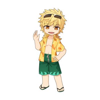 1boy blonde_hair chibi chibi_only collared_shirt eyewear_on_head flip-flops full_body green_male_swimwear green_sandals green_swim_trunks hawaiian_shirt looking_at_viewer male_focus male_swimwear maram_(ragnarok_online) official_art open_clothes open_mouth open_shirt ragnarok_online sandals shirt short_hair simple_background smile solo sunglasses transparent_background waving yellow_shirt yuichirou