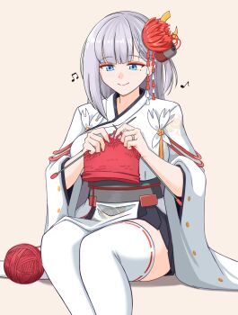 absurdres azur_lane black_skirt commentary crane_enthusiast english_commentary hair_ornament highres invisible_chair japanese_clothes kanzashi kimono knitting knitting_needle mole mole_under_eye musical_note needle one_side_up ribbon-trimmed_thighhighs ribbon_trim shoukaku_(azur_lane) sitting skirt thighhighs tsumami_kanzashi white_hair white_kimono white_thighhighs yarn yarn_ball