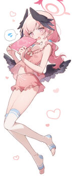 1girl absurdres alternate_costume alternate_hairstyle black_wings blue_archive blush book breasts commentary_request full_body hakasesuicchi head_wings heart highres holding holding_book koharu_(blue_archive) long_hair looking_at_viewer navel open_mouth pink_hair simple_background sleeveless small_breasts solo spoken_sweatdrop sweat sweatdrop thighhighs toeless_legwear white_background white_thighhighs wings