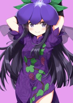 1girl arms_up black_hair blush breasts closed_mouth commentary cowboy_shot dress floral_print flower flower_on_head grey_eyes highres long_hair looking_at_viewer medium_breasts pink_background print_dress purple_dress ruu_(tksymkw) short_sleeves simple_background smile solo touhou yomotsu_hisami