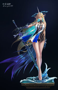 1girl absurdres armor armored_gloves artist_name bare_shoulders barefoot black_background black_collar black_dress blonde_hair blue_eyes blue_hands breasts collar colored_inner_hair commentary crown crown_of_thorns dress earrings feet fleurdelys_(wuthering_waves) floating_crown floating_earrings full_body hair_over_one_eye highres holding holding_sword holding_weapon horns jewelry large_breasts legs long_hair long_horns looking_at_viewer mr_goblin multicolored_hair outstretched_arm pointy_ears shoulder_armor simple_background single_horn solo standing sword tabard tacet_mark_(wuthering_waves) toenails toes twitter_username very_long_hair water waves weapon white_tabard wuthering_waves yellow_horns