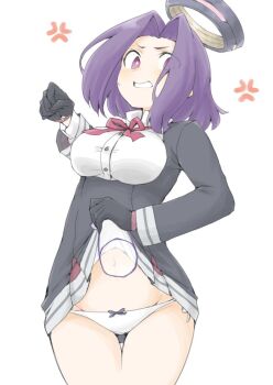 1girl 1other akara_kai anger_vein clenched_teeth clothes_lift disembodied_hand dress dress_lift hair_intakes halo highres imminent_punch kantai_collection long_sleeves looking_at_viewer mechanical_halo panties purple_eyes purple_hair short_hair simple_background tatsuta_(kancolle) teeth thigh_gap underwear white_background white_panties